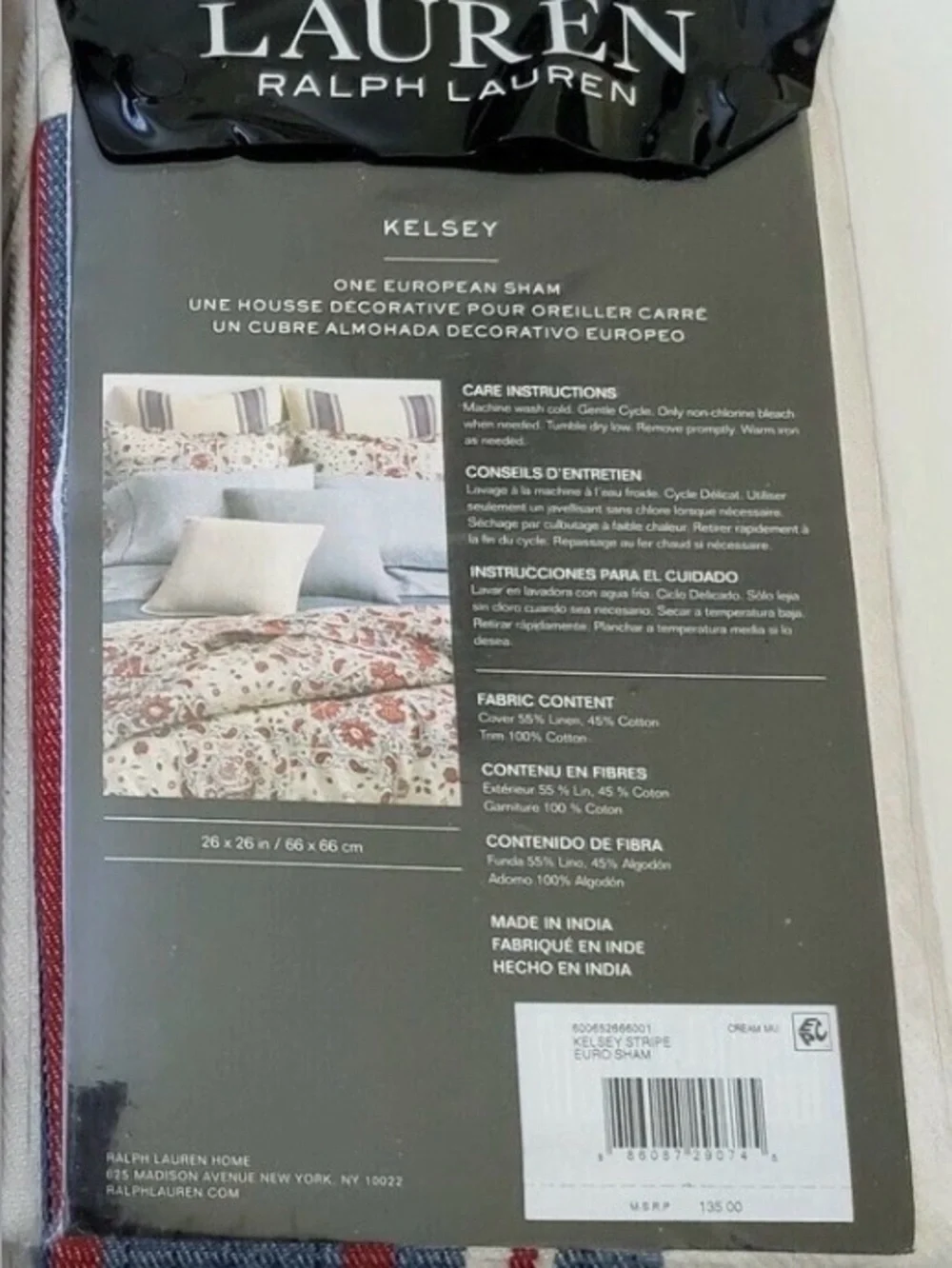 2 x Lauren Ralph Lauren KELSEY STRIPE Linen Cotton Euro Shams